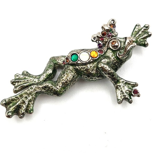 Fabulous Signed Sweet Romance USA Enamel Frog Prince Pendant Brooch Pin 4" - Picture 2 of 10